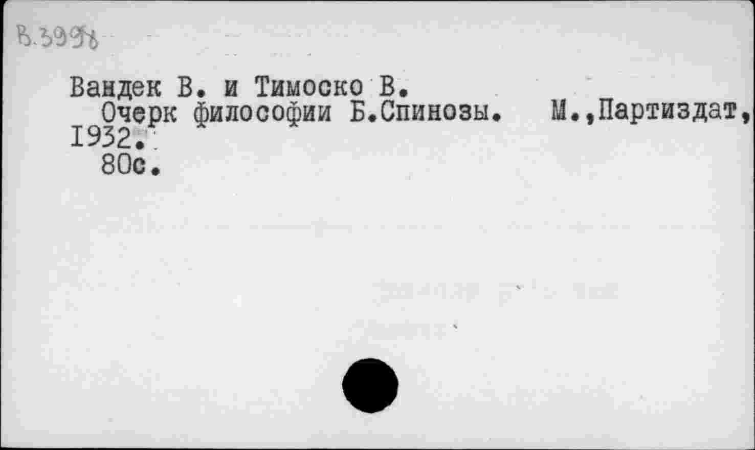 ﻿Вандек В. и Тимоско В.
Очерк философии Б.Спинозы. М.,Партиздат
80с.